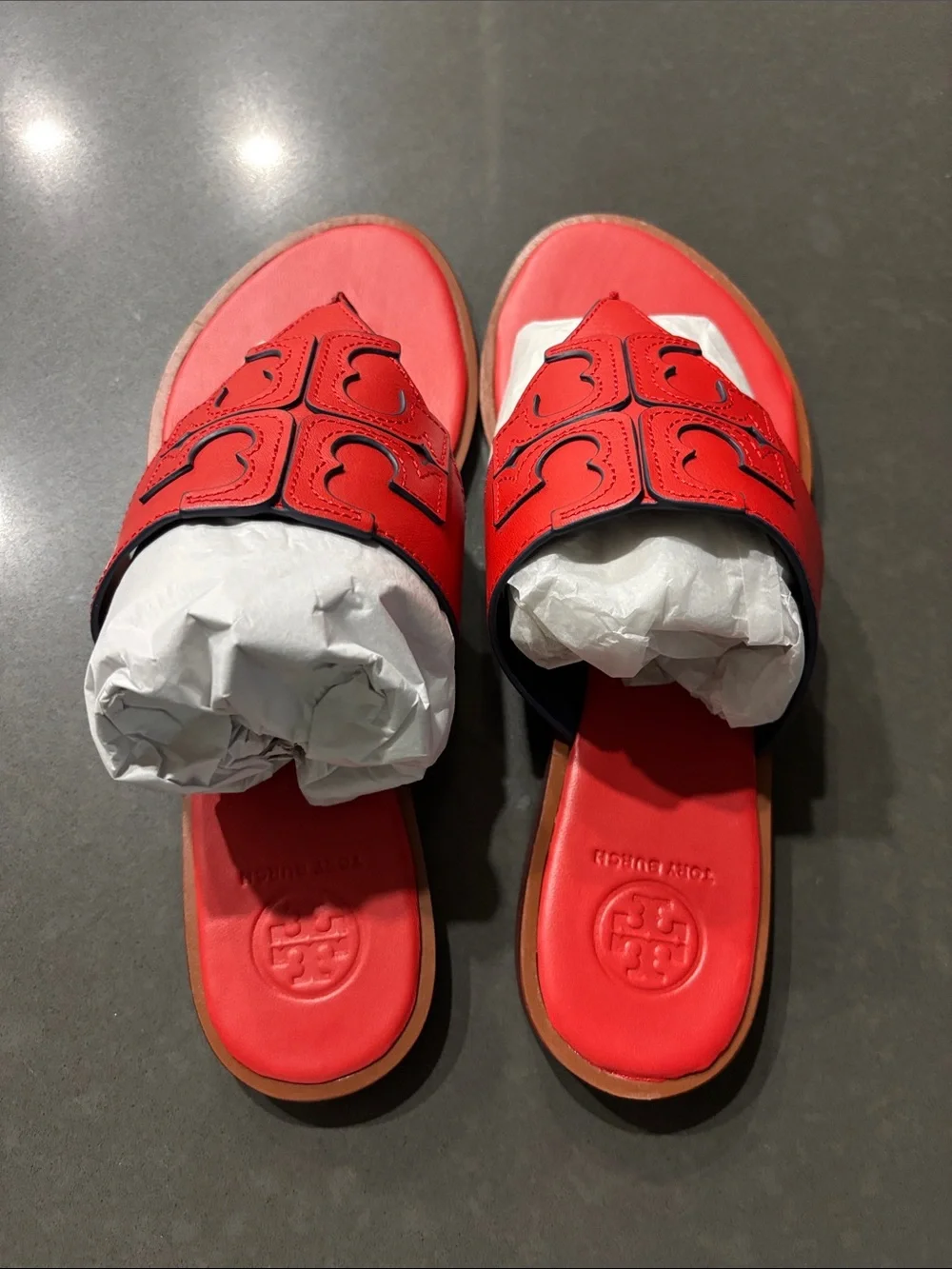 NWOT Tory Burch Red Leather Logo Thong Slide Sandals